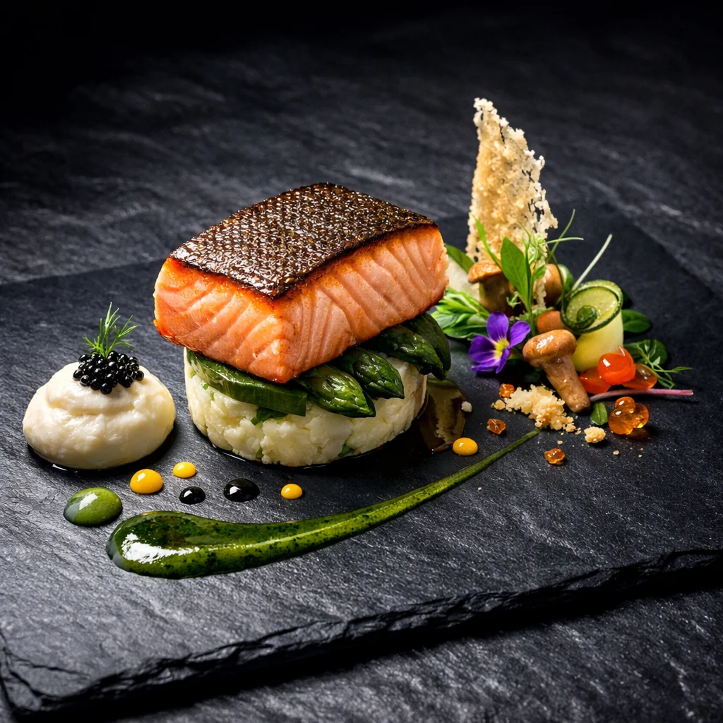 Crisp-skinned salmon fillet plated with asparagus, caviar and herb oil on dark slate