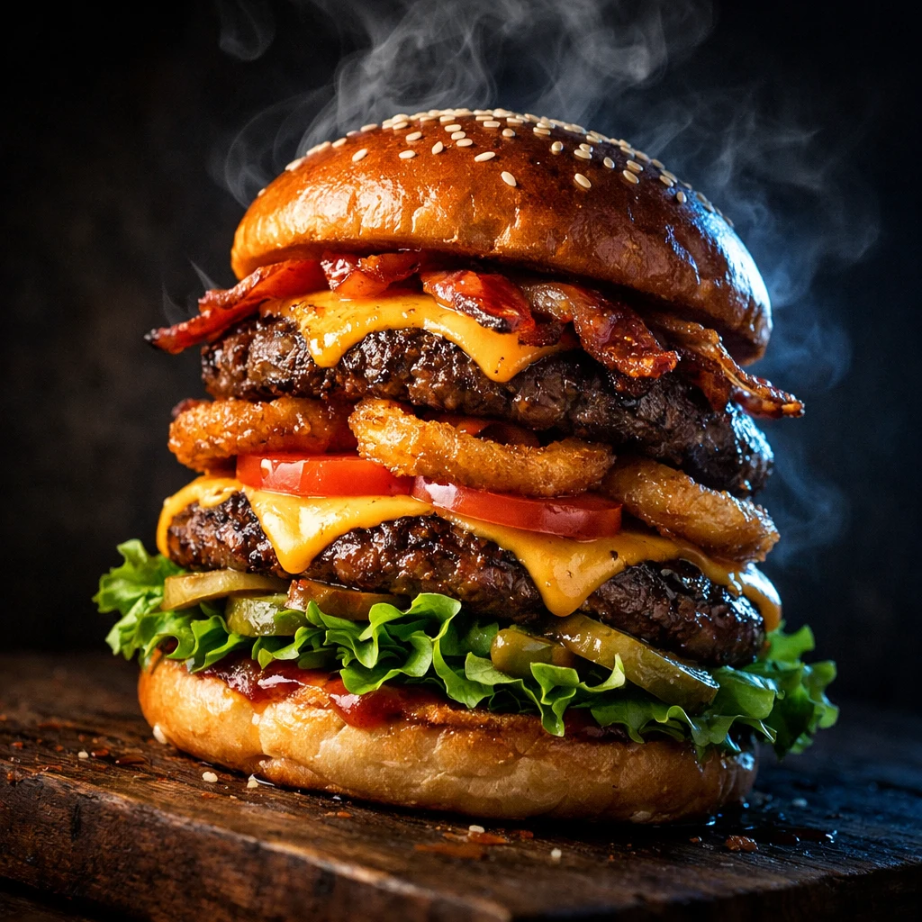 A double cheeseburger with bacon and onion rings, lit from the side against a dark background