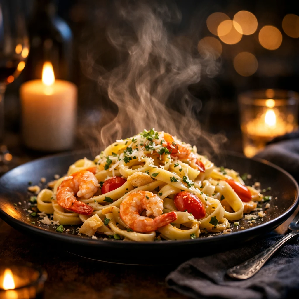 Steaming prawn fettuccine on a dark plate, lit by candles