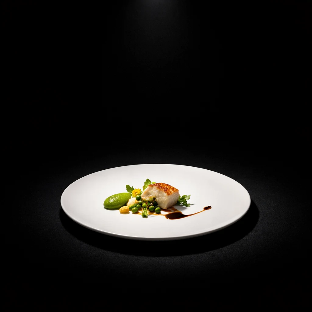 A single scallop and pea garnish on a white plate, alone in a black frame