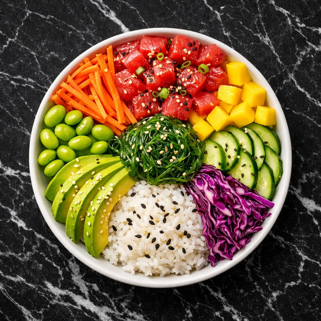 A poke bowl of tuna, mango, avocado and rice shot straight down on white marble